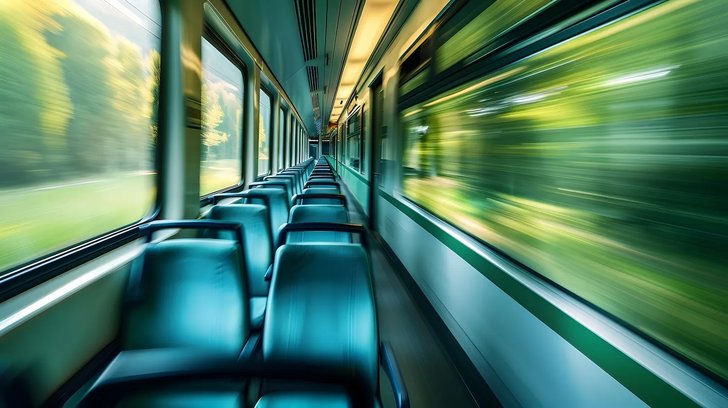 A blurry photo of a train with blue seats