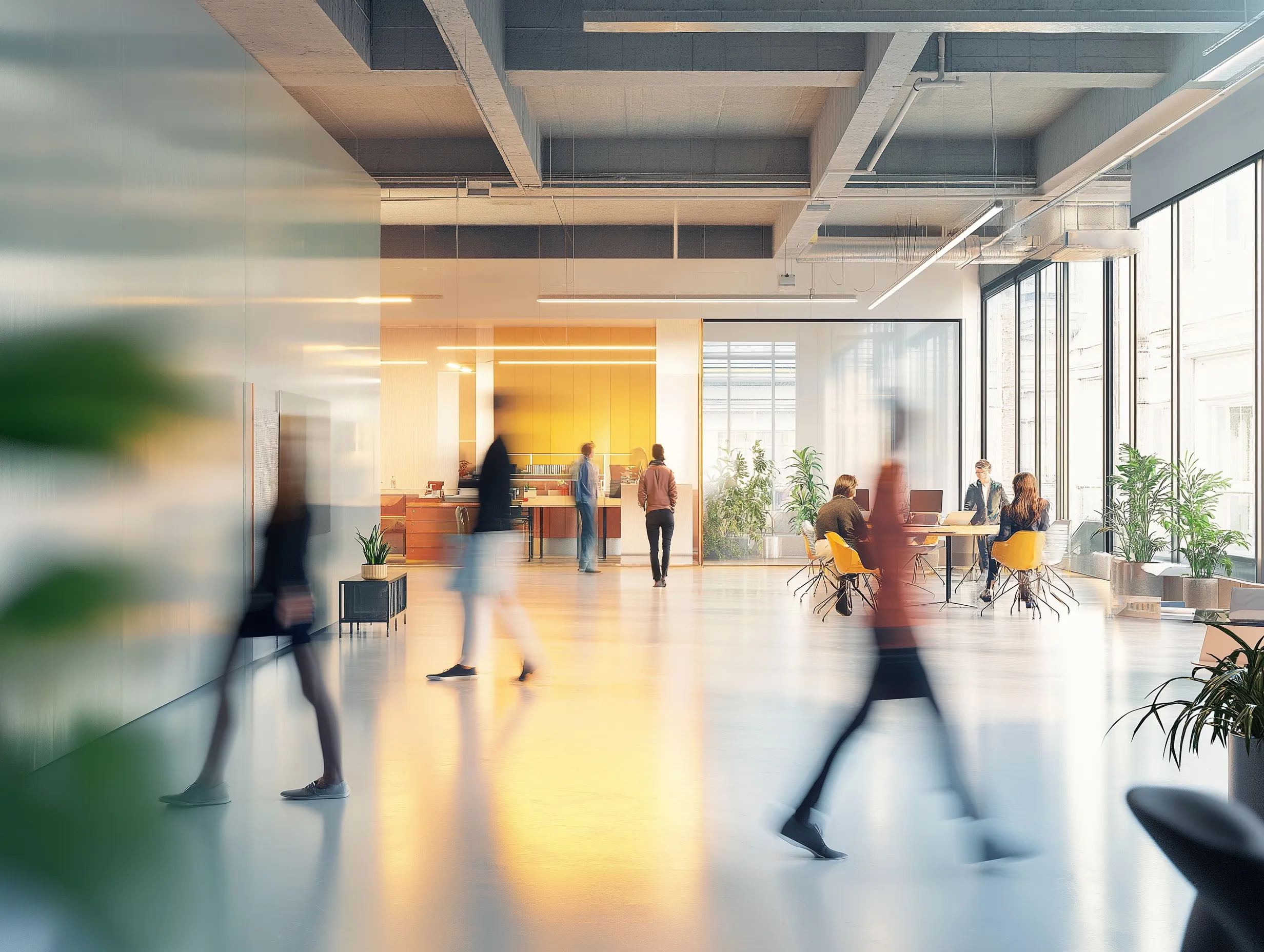 A blurry photo of people walking in an office